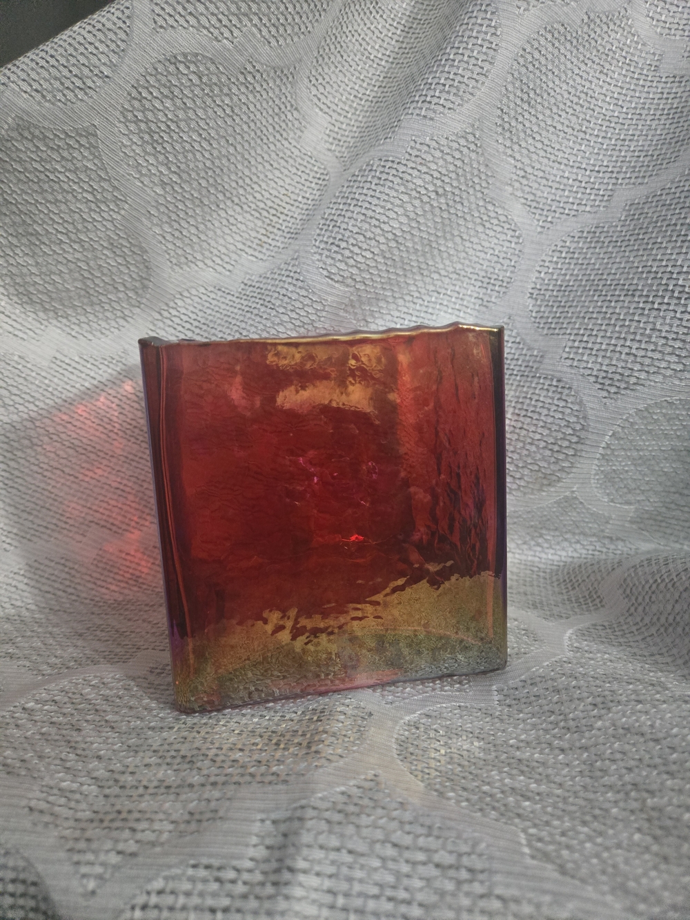 Vintage Red Iridescent Art Glass Vase or Candle Holder